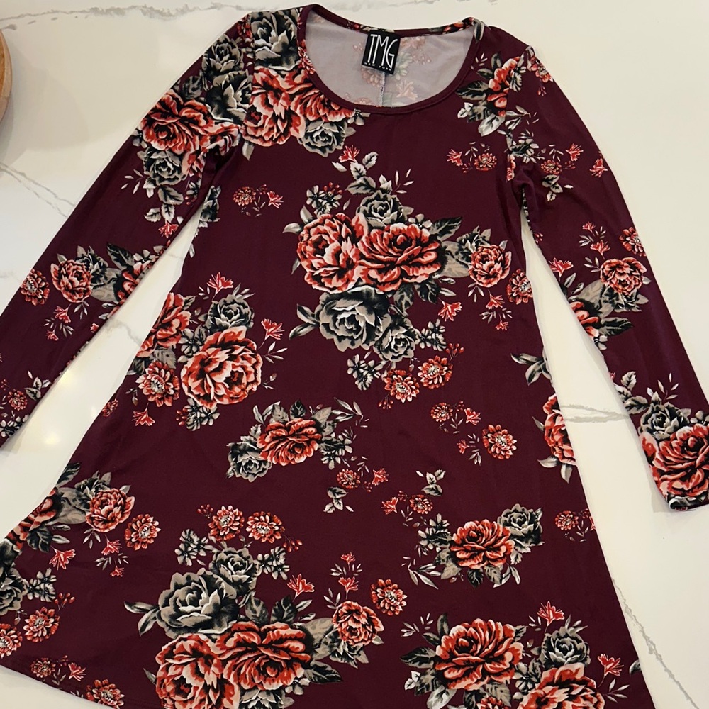 Burgundy Floral Long Sleeve Dress, TMG New York, size small.